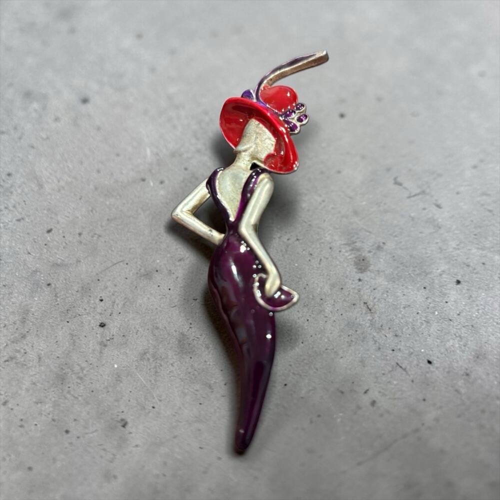 Vintage Enamel Fashion Lady Brooch Red Hat Purple Dress Heavy Statement Pin